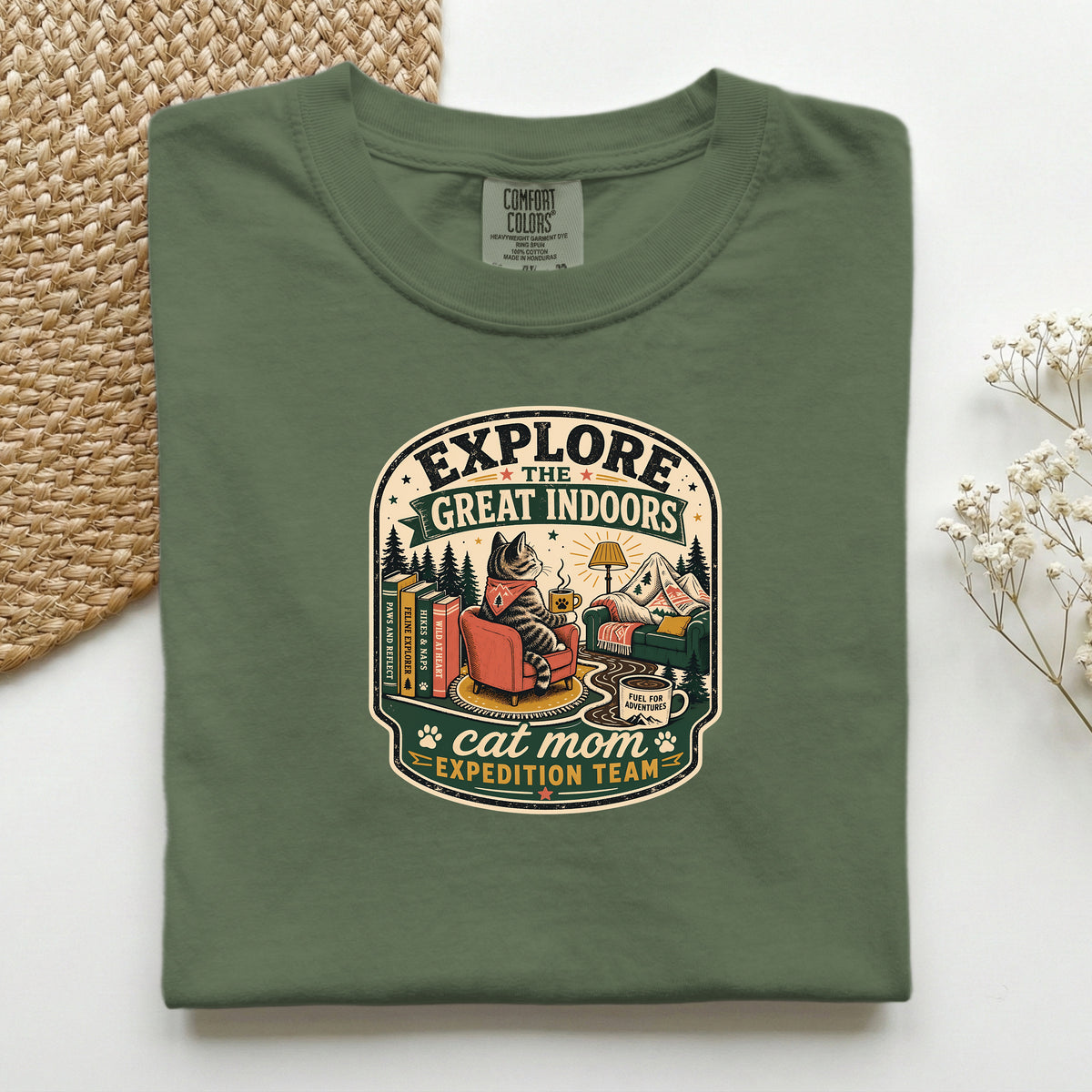Explore The Great Indoors graphic tee in Hemp, folded flat lay