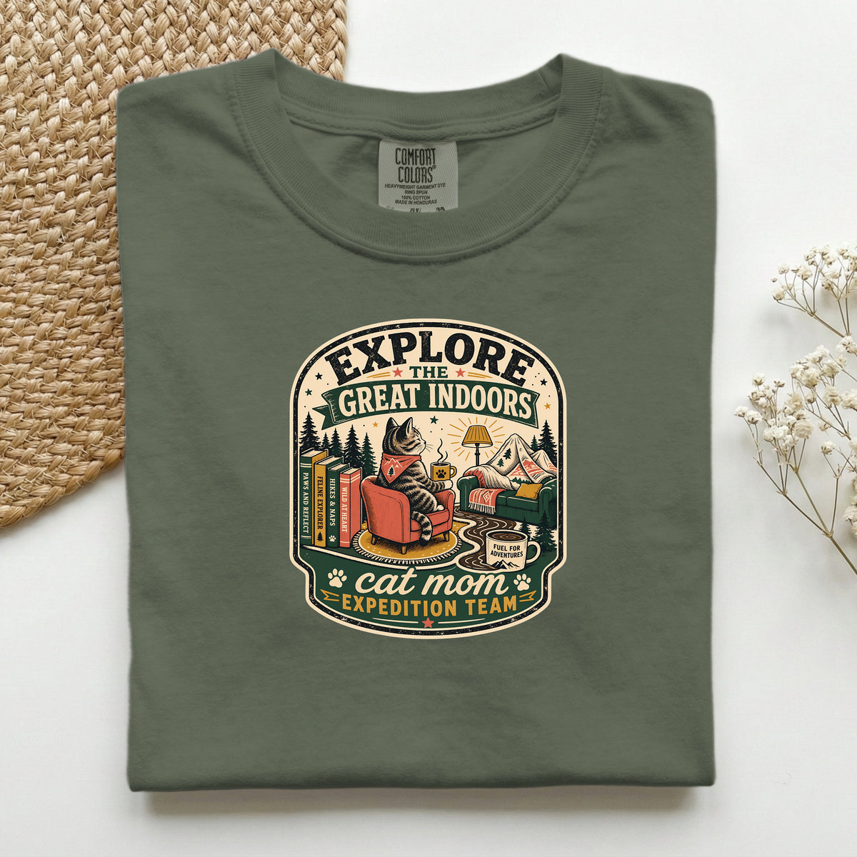 Explore The Great Indoors graphic tee in Sage, folded flat lay