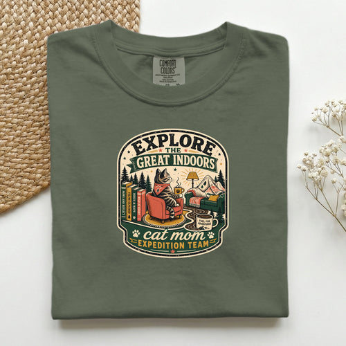Explore The Great Indoors graphic tee in Sage, folded flat lay