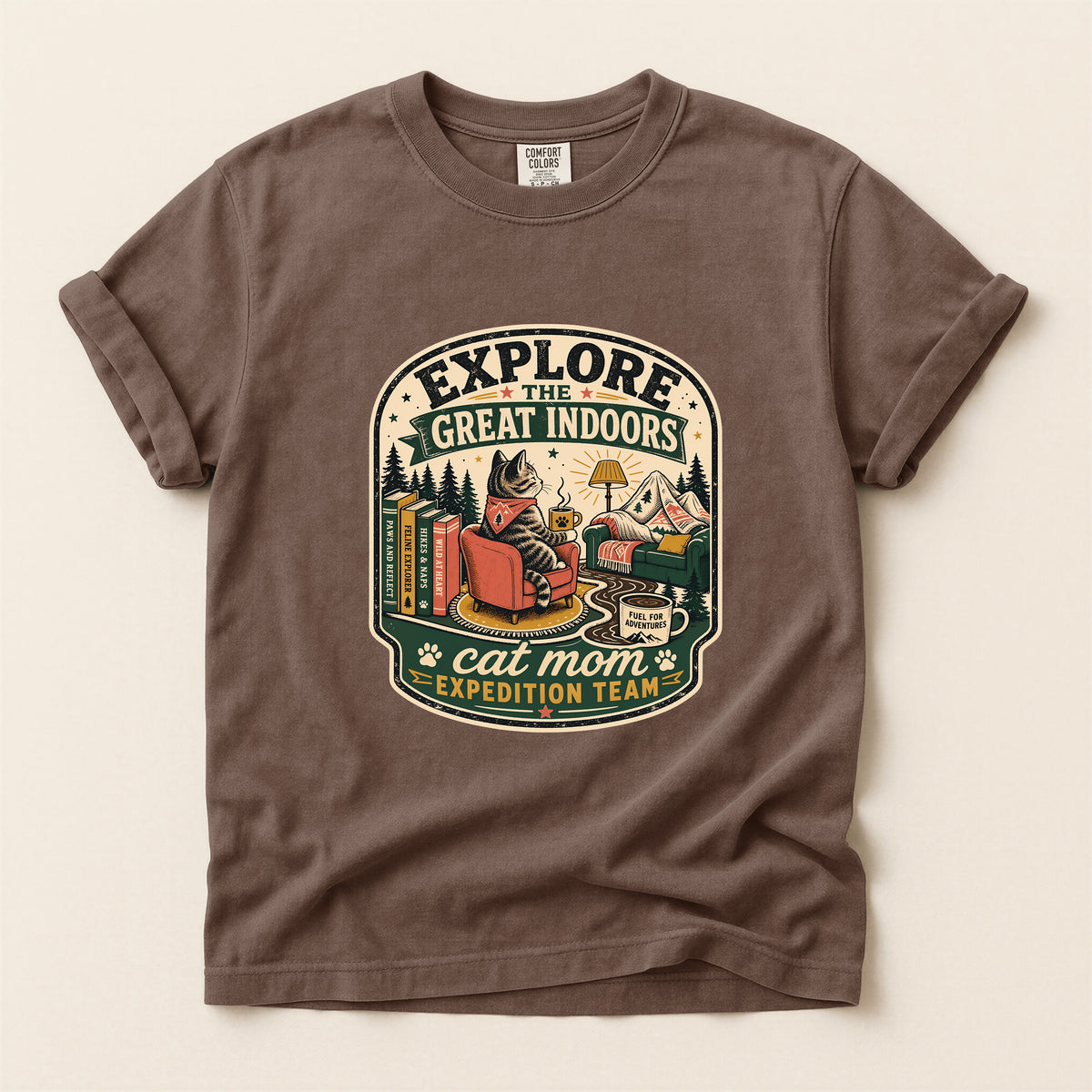 Explore The Great Indoors graphic tee in Espresso, folded flat lay