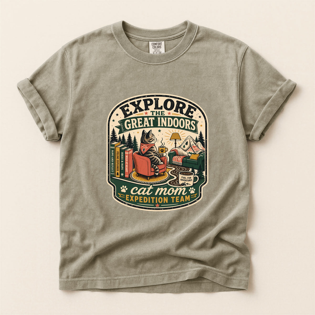 Explore The Great Indoors graphic tee in Khaki, folded flat lay