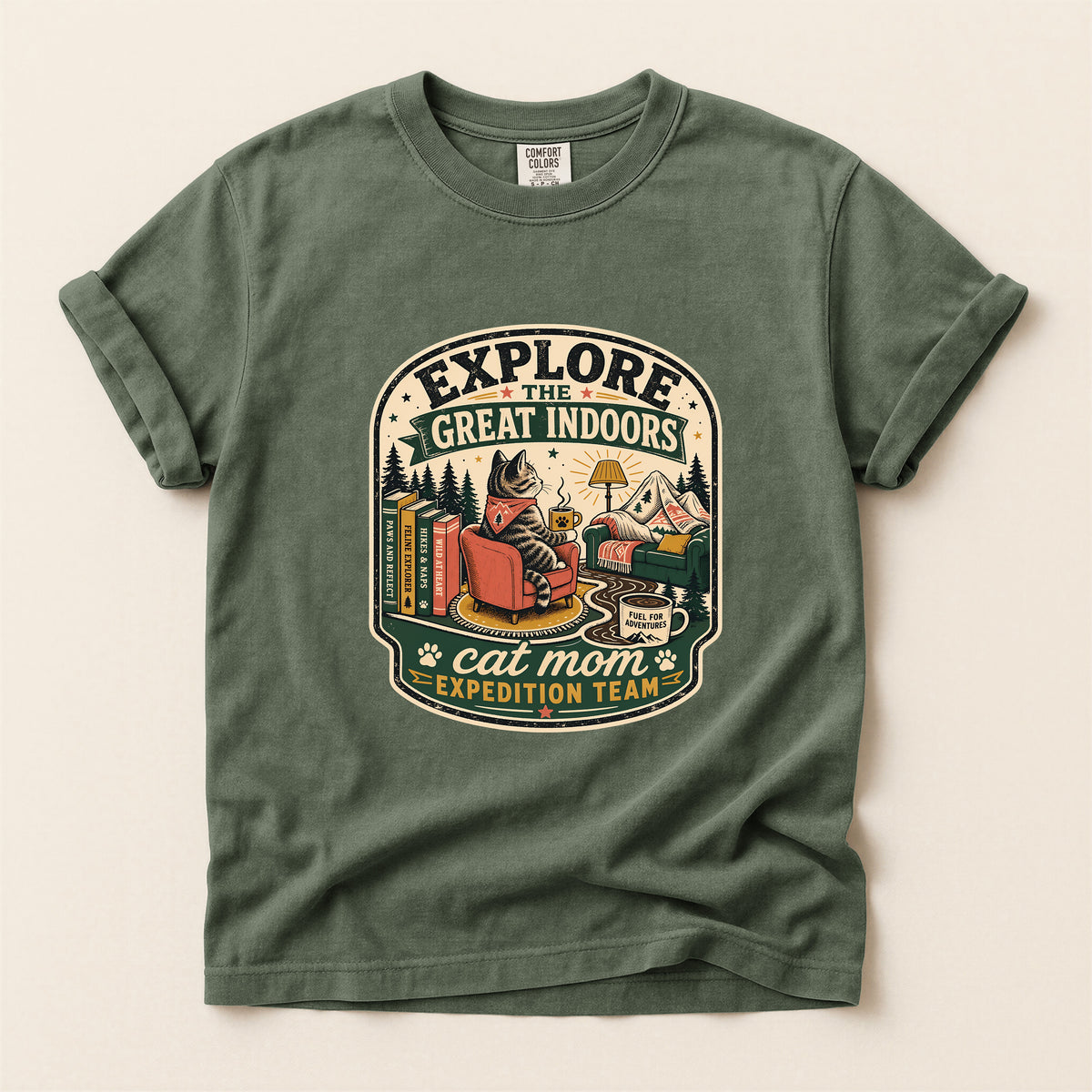Explore The Great Indoors graphic tee in Moss, folded flat lay