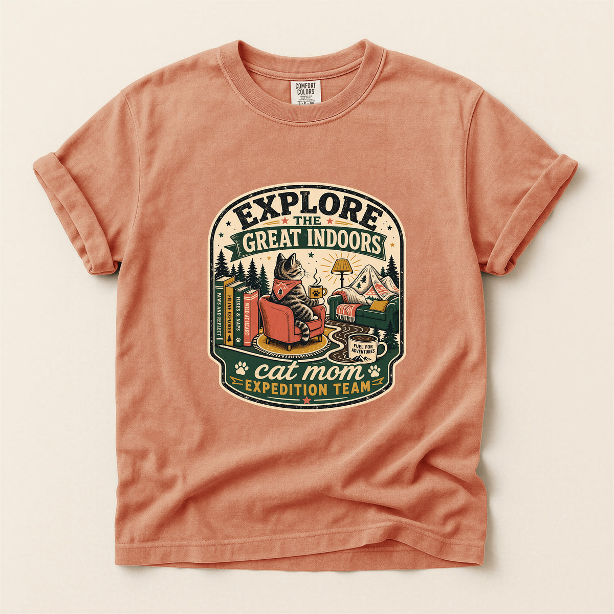 Explore The Great Indoors graphic tee in Terracotta, folded flat lay