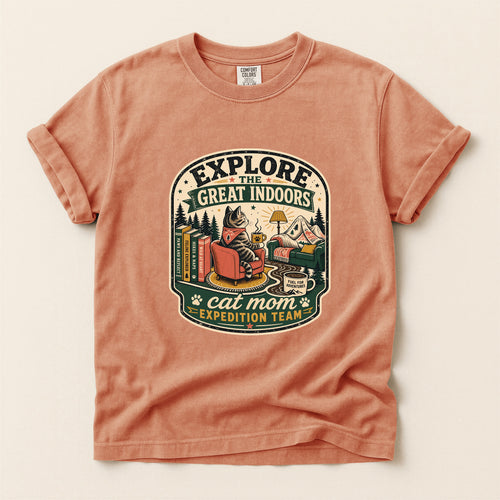 Explore The Great Indoors graphic tee in Terracotta, folded flat lay
