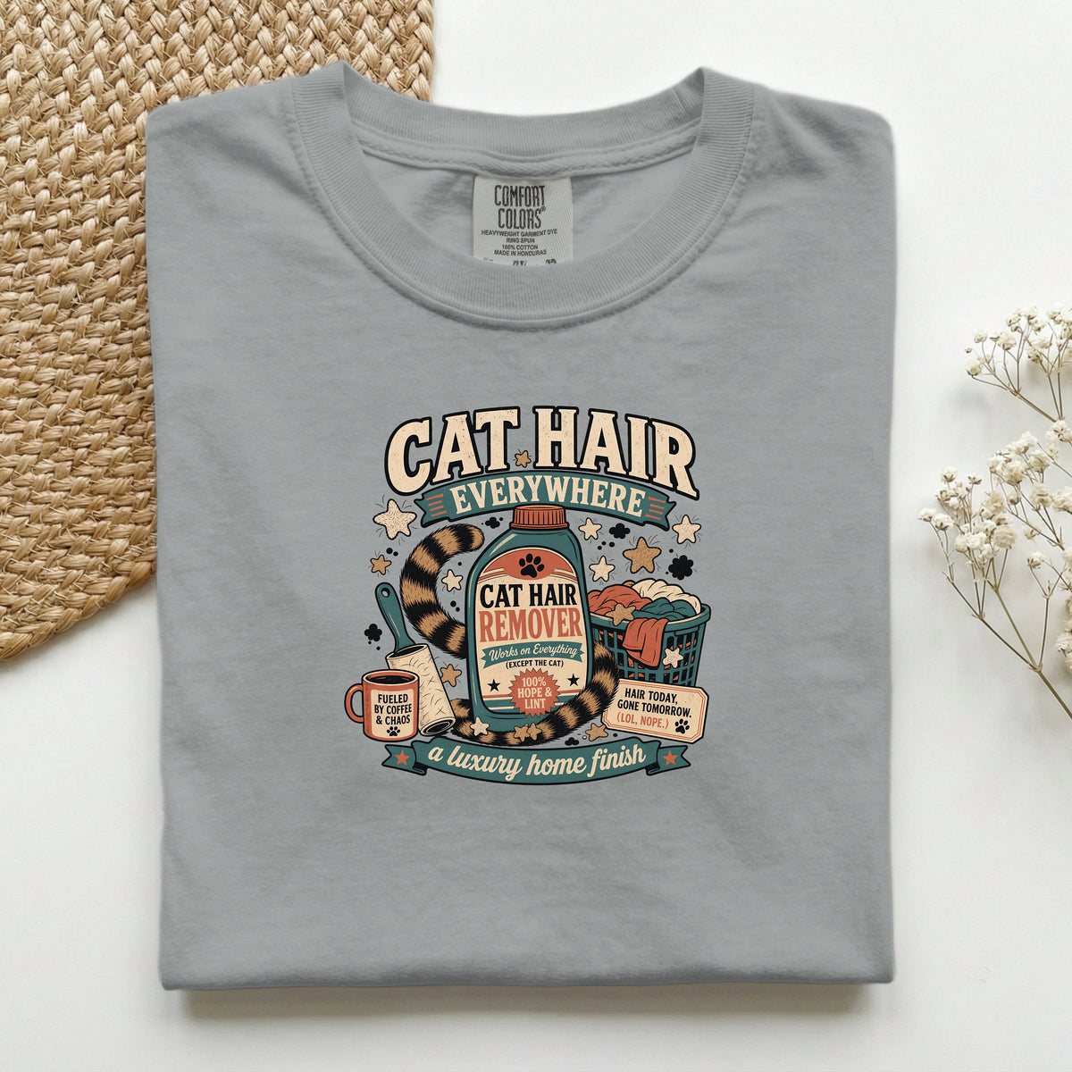 Cat Hair Everywhere graphic tee in Granite, folded flat lay