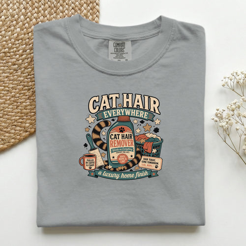 Cat Hair Everywhere graphic tee in Granite, folded flat lay