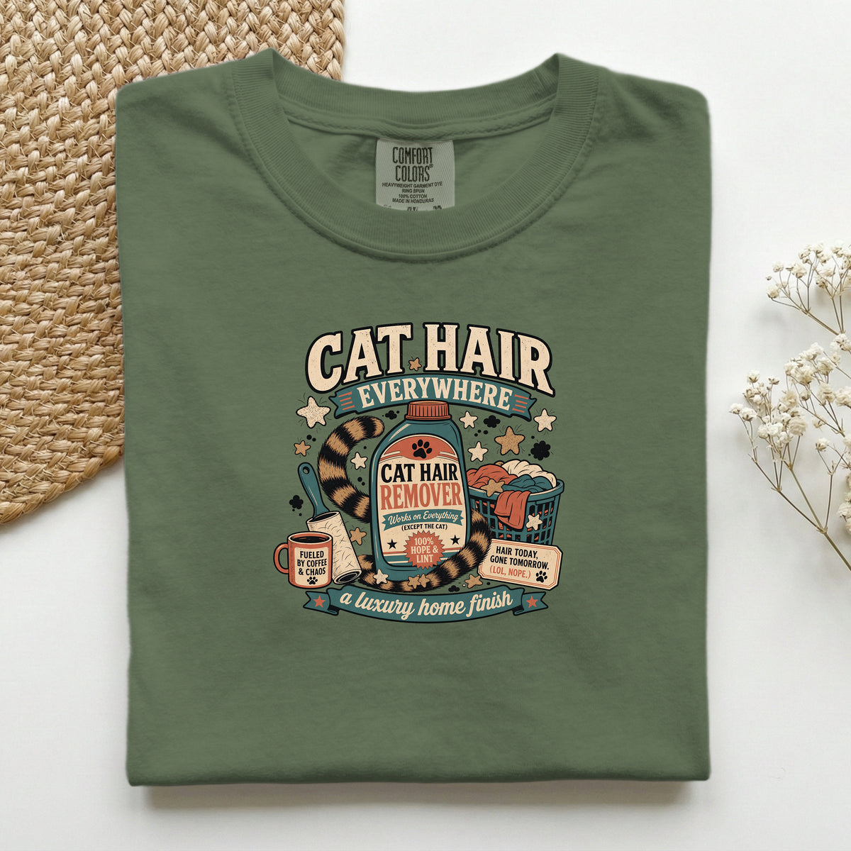 Cat Hair Everywhere graphic tee in Hemp, folded flat lay