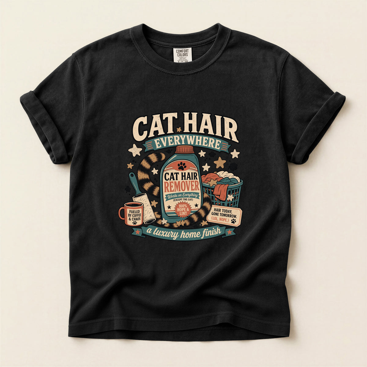 Cat Hair Everywhere graphic tee in Black, folded flat lay