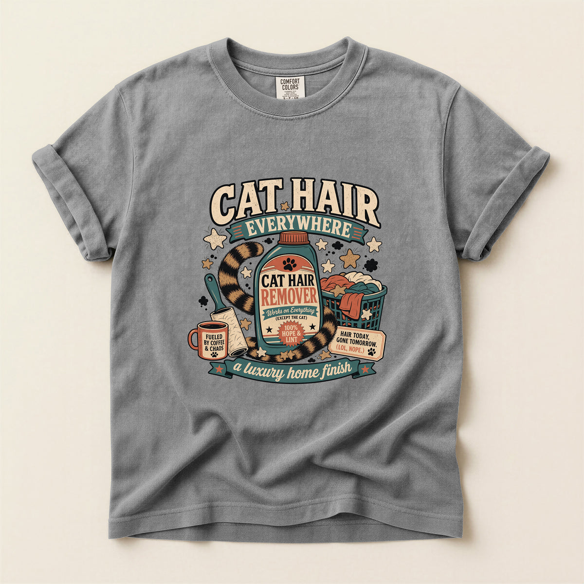 Cat Hair Everywhere graphic tee in Grey, folded flat lay