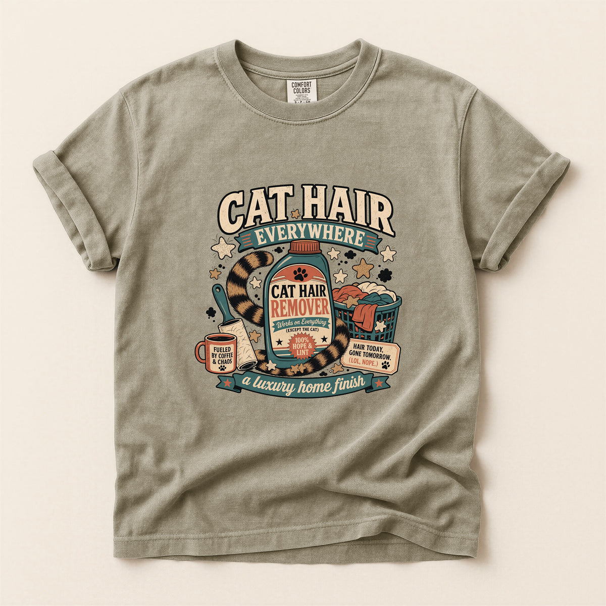 Cat Hair Everywhere graphic tee in Khaki, folded flat lay