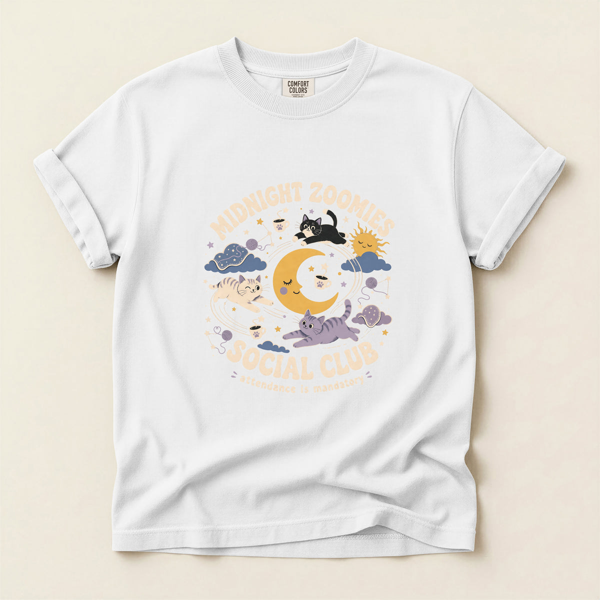 Midnight Zoomies Social Club graphic tee, product photo on white background