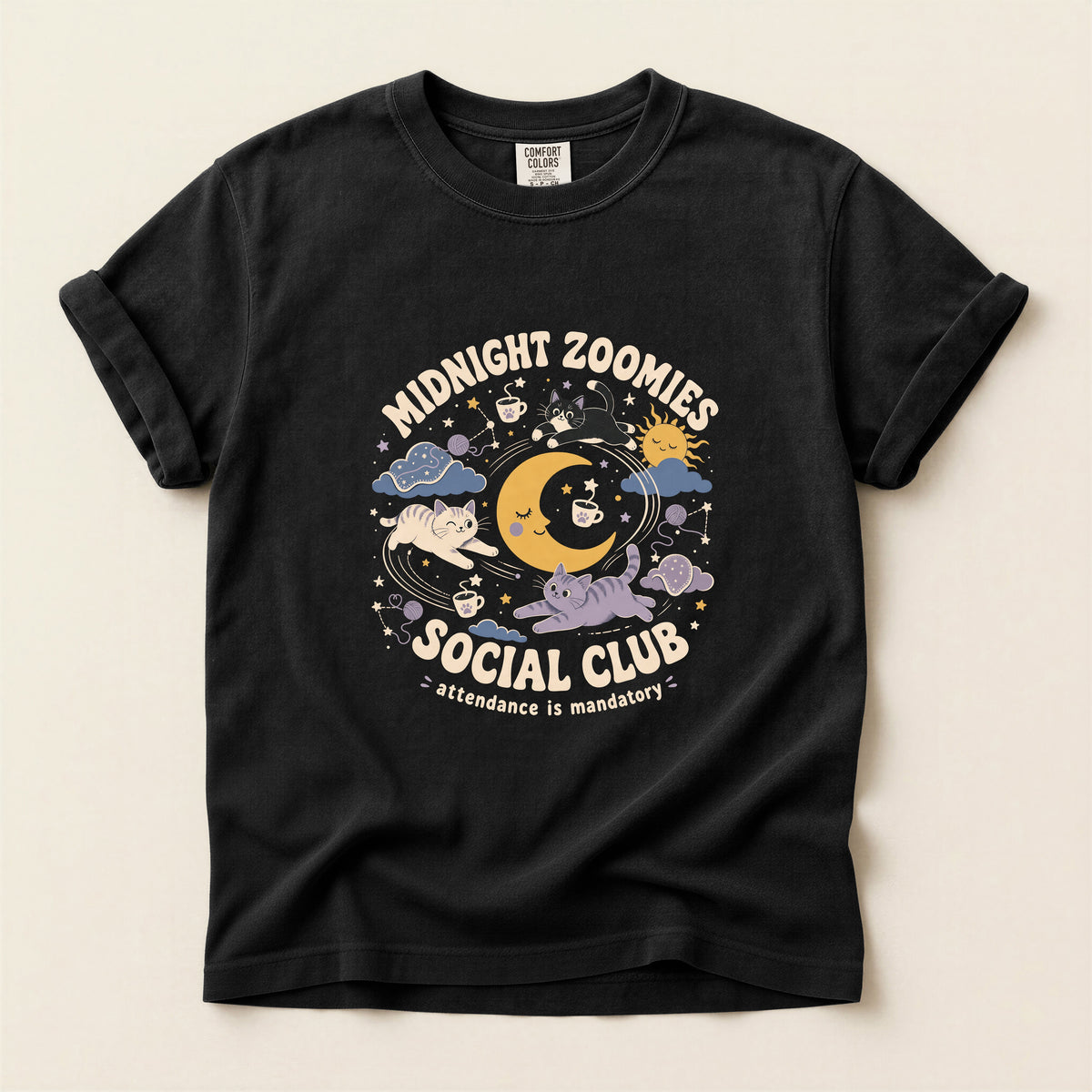 Midnight Zoomies Social Club graphic tee in Black, folded flat lay