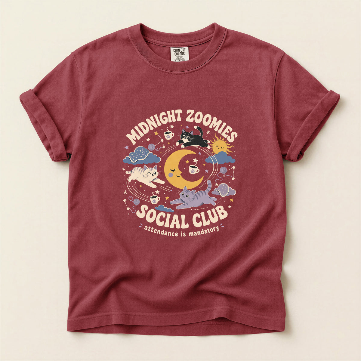 Midnight Zoomies Social Club graphic tee in Brick, folded flat lay