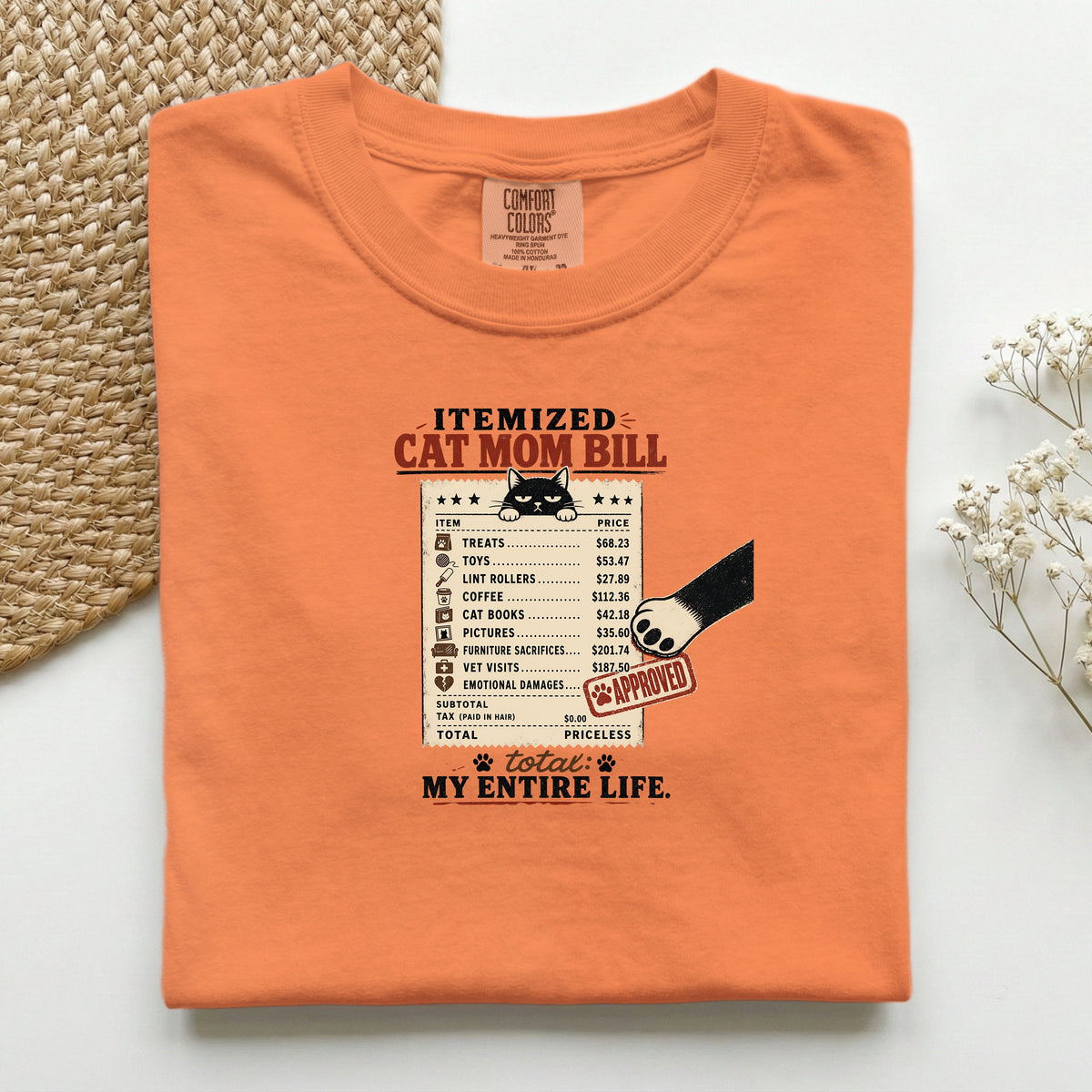 Itemized Cat Mom Bill graphic tee in Burnt Orange, folded flat lay