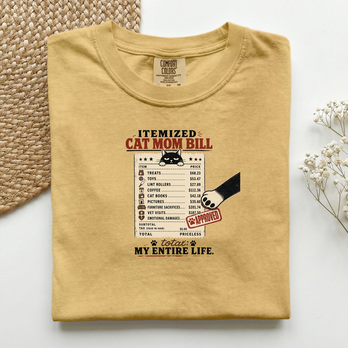 Itemized Cat Mom Bill graphic tee in Mustard, folded flat lay