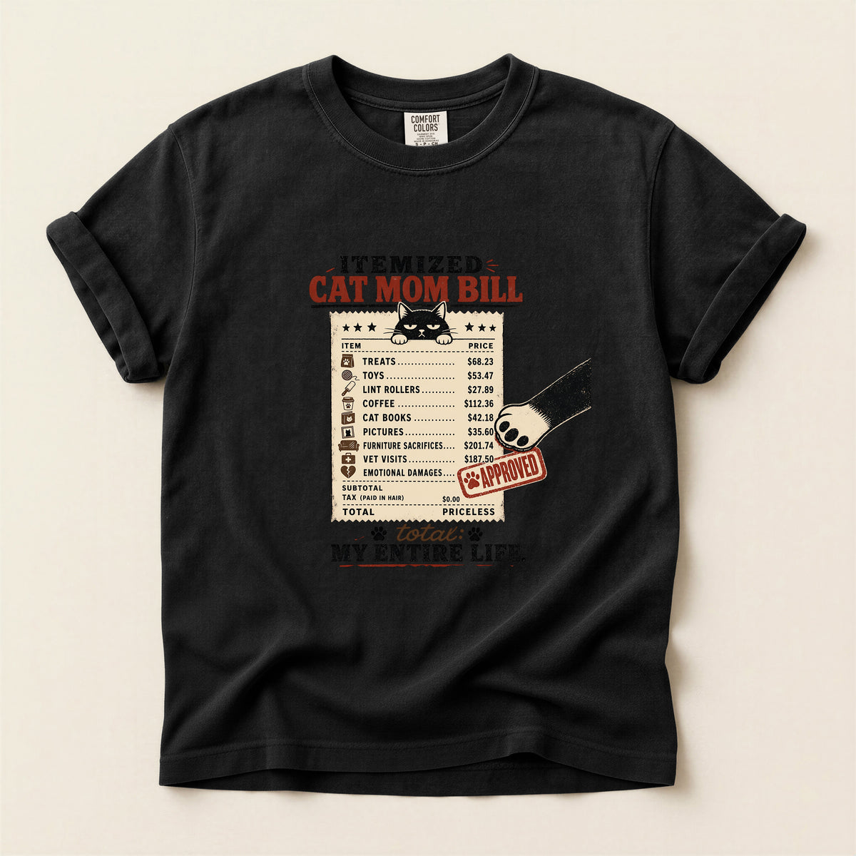 Itemized Cat Mom Bill graphic tee in Black, folded flat lay