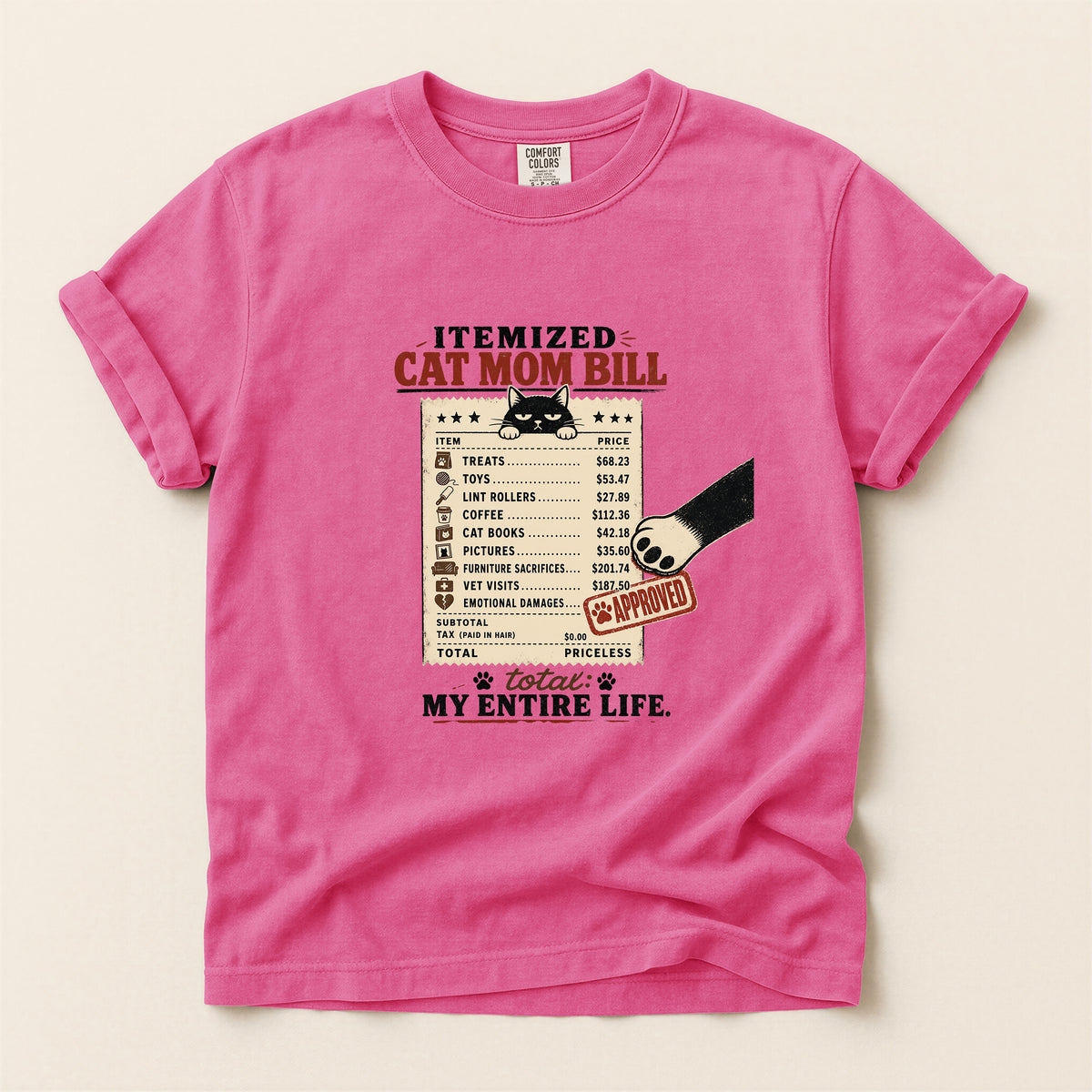 Itemized Cat Mom Bill graphic tee in Crunchberry, folded flat lay