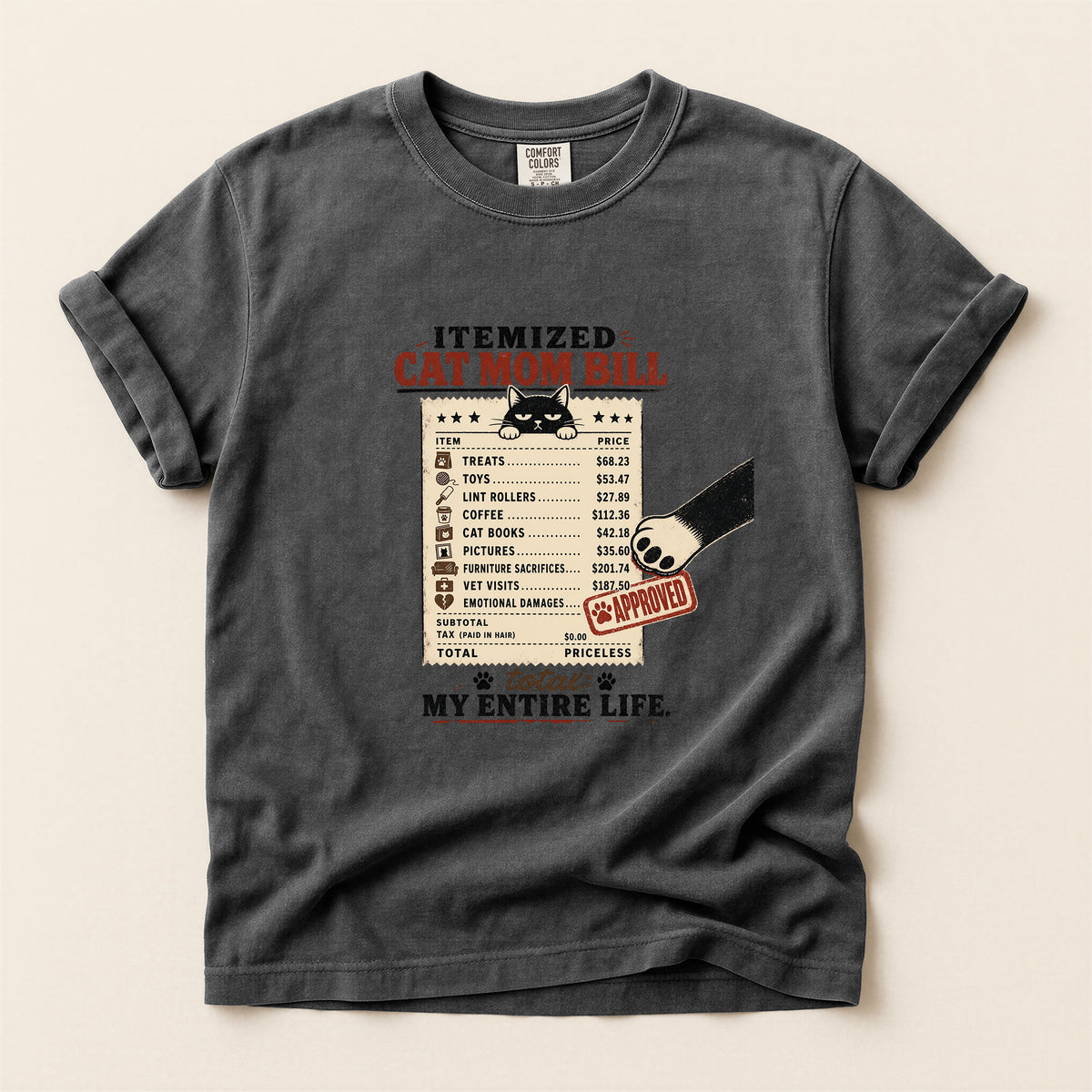Itemized Cat Mom Bill graphic tee in Pepper, folded flat lay