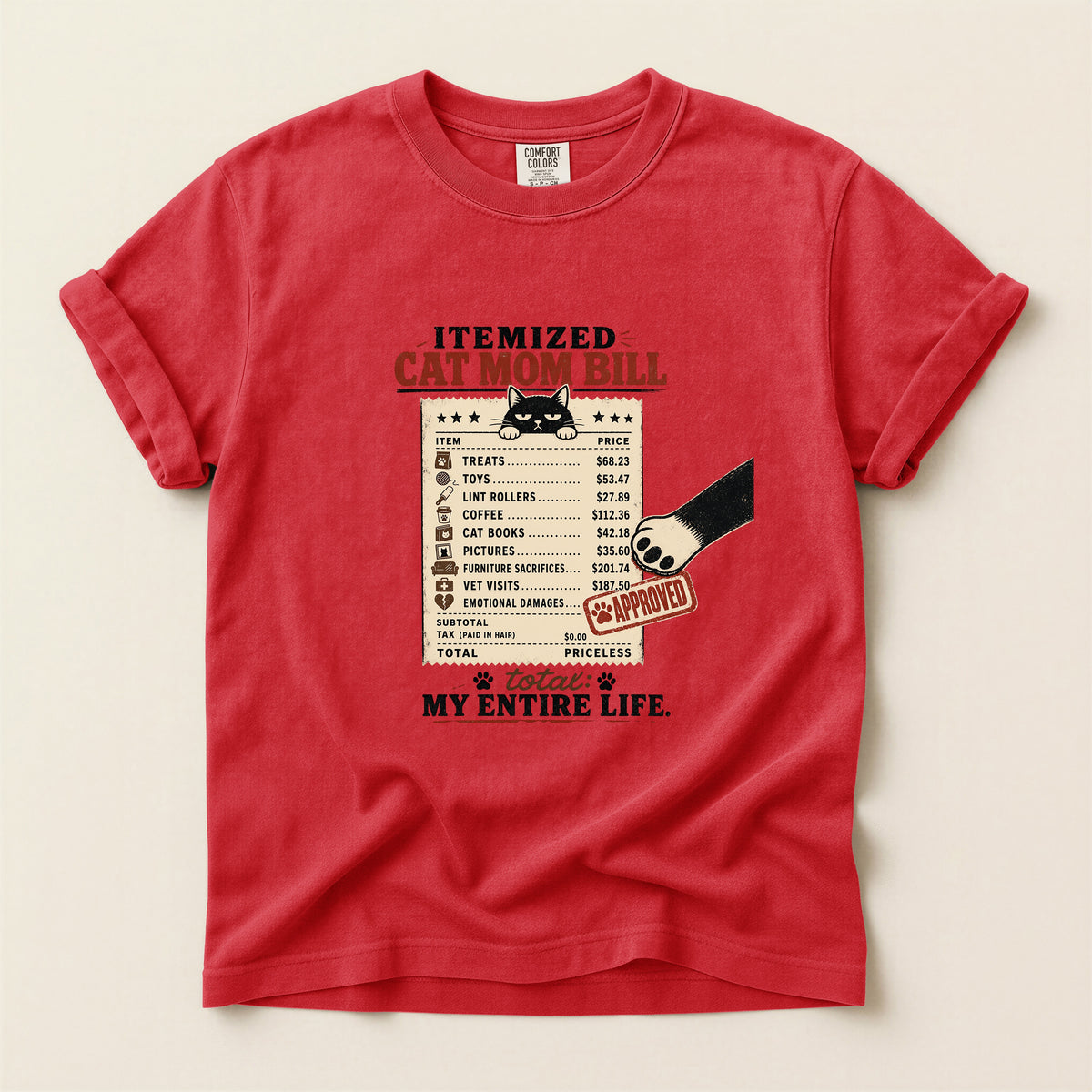 Itemized Cat Mom Bill graphic tee in Red, folded flat lay