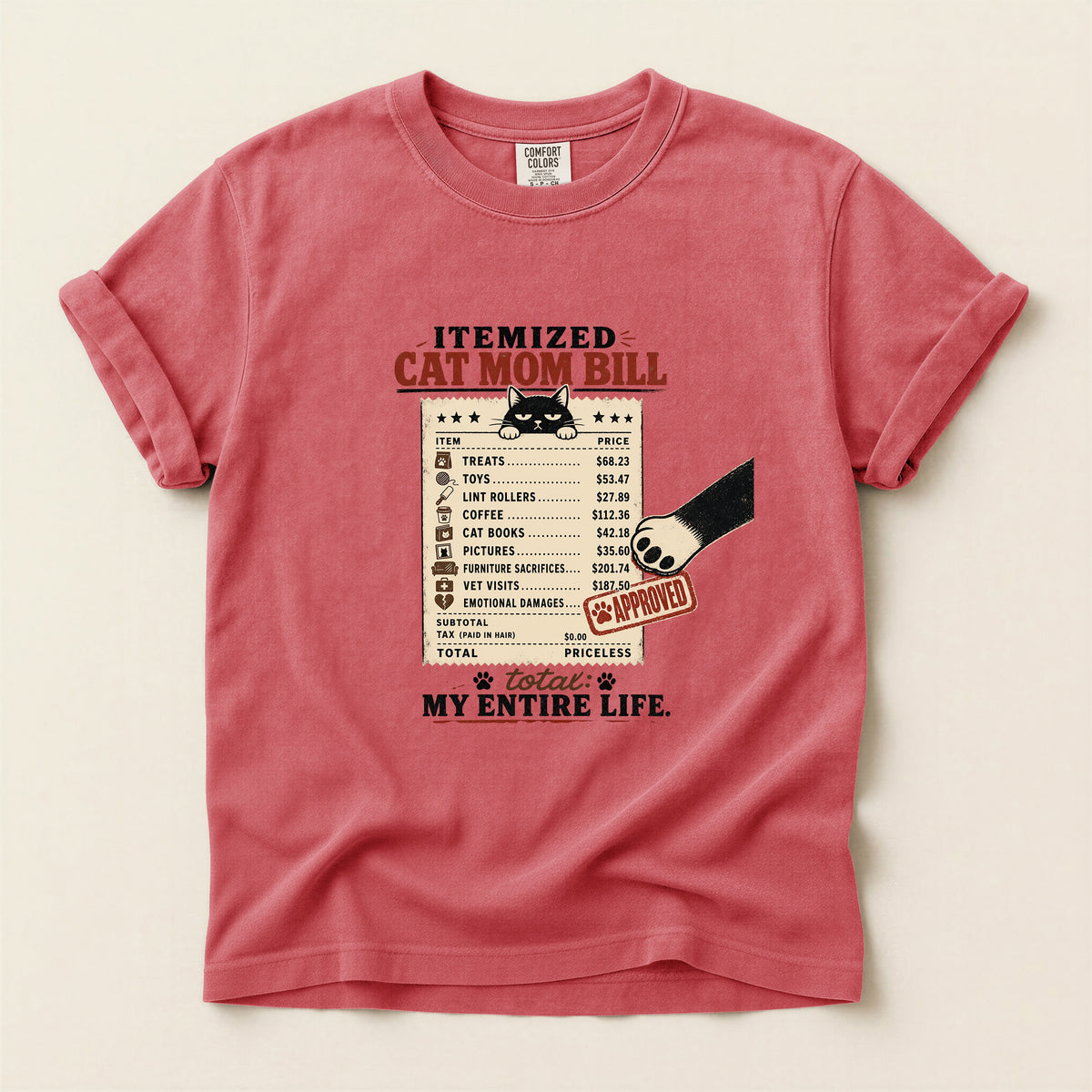 Itemized Cat Mom Bill graphic tee in Watermelon, folded flat lay