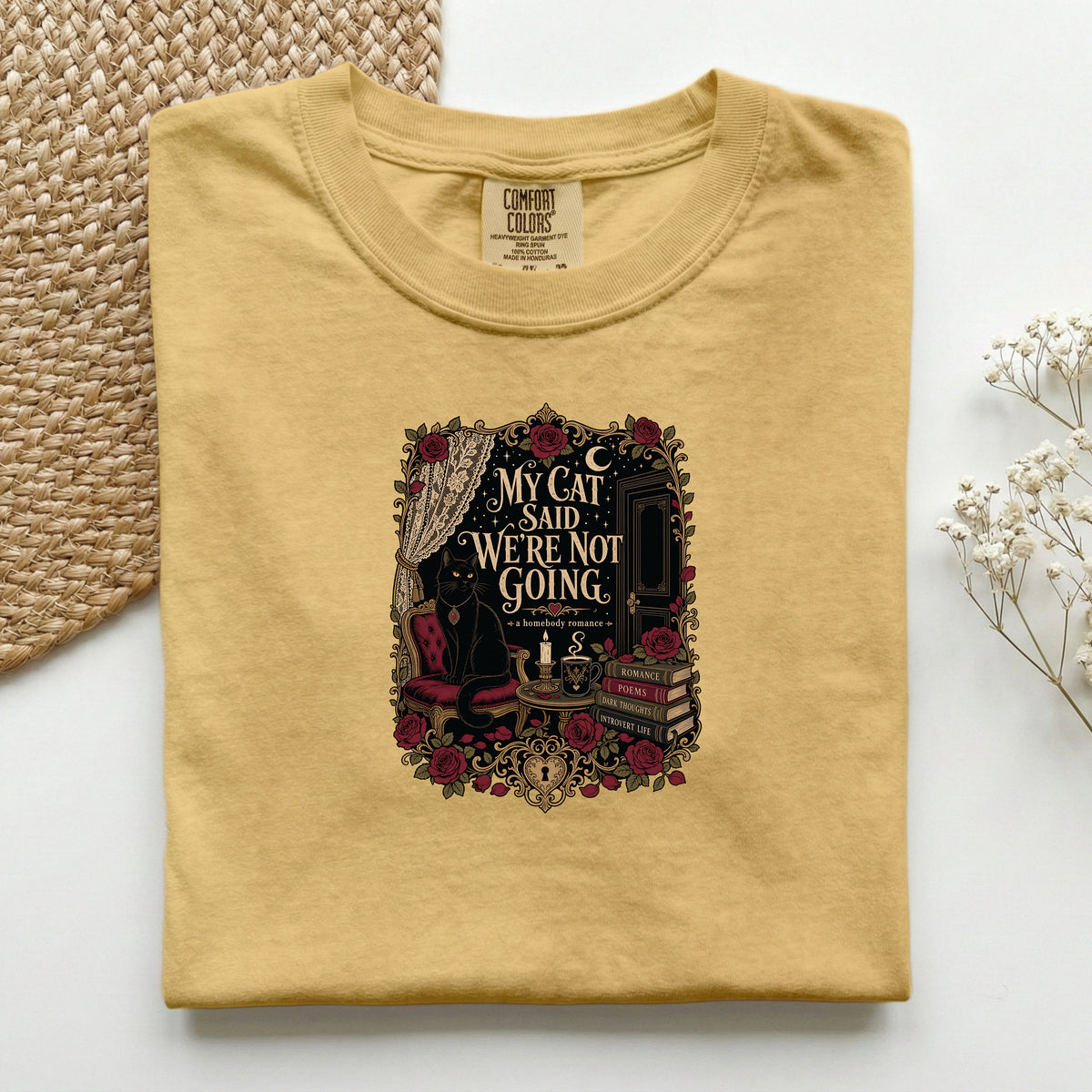 My Cat Said We're Not Going graphic tee in Mustard, folded flat lay