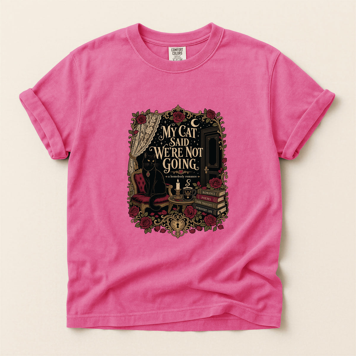 My Cat Said We're Not Going graphic tee in Crunchberry, folded flat lay