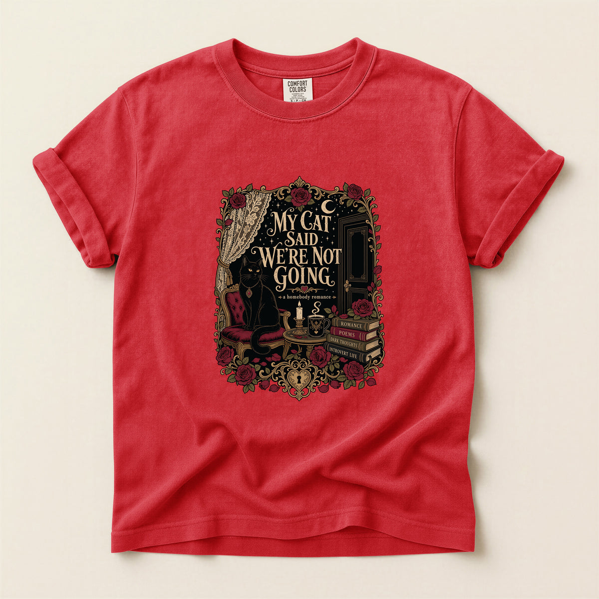 My Cat Said We're Not Going graphic tee in Red, folded flat lay