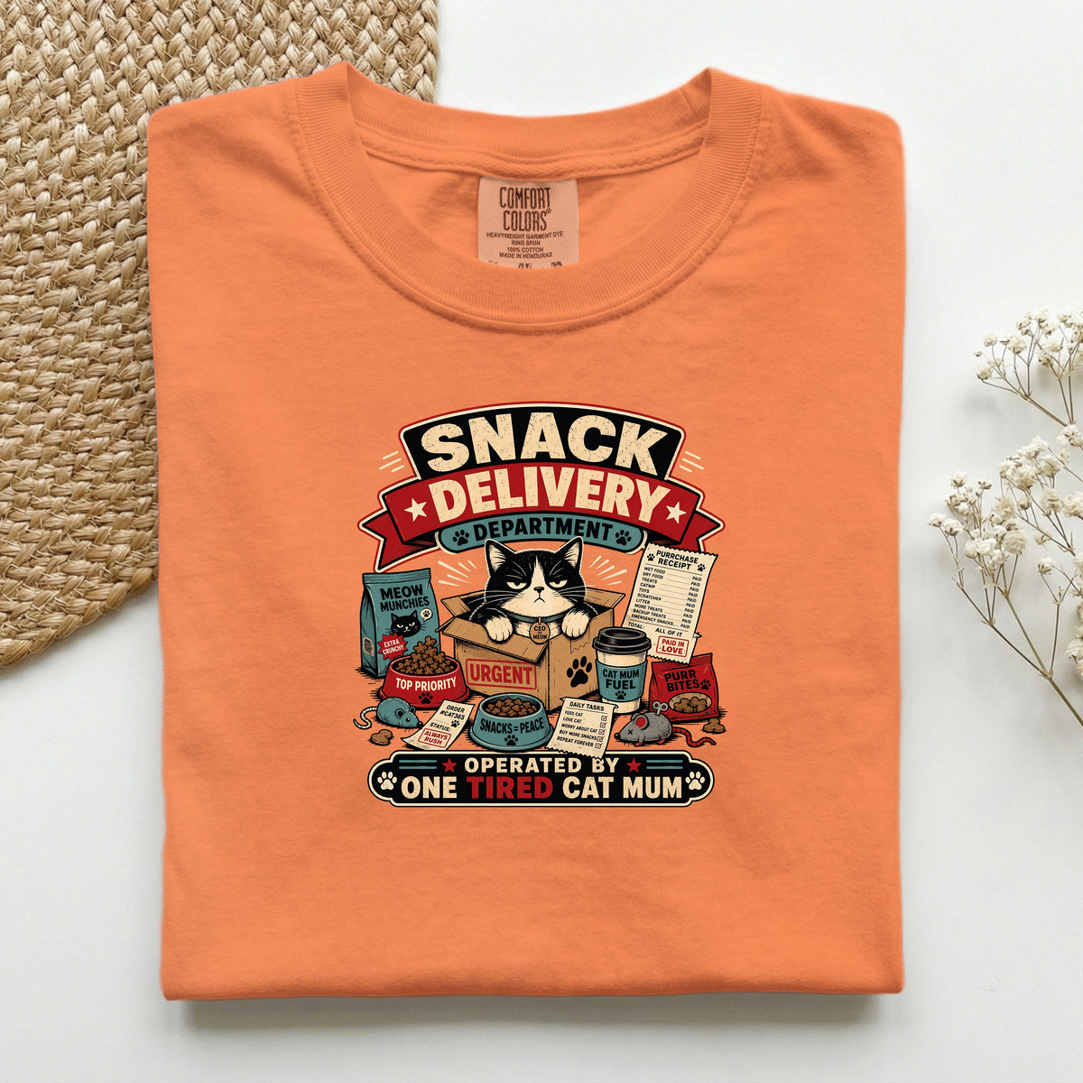 Snack Delivery Department graphic tee in Burnt Orange, folded flat lay