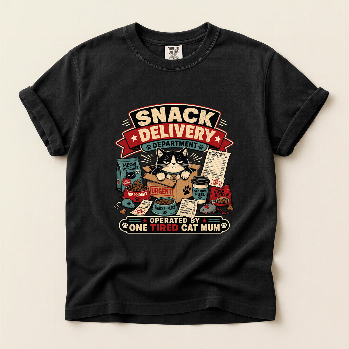 Snack Delivery Department graphic tee in Black, folded flat lay