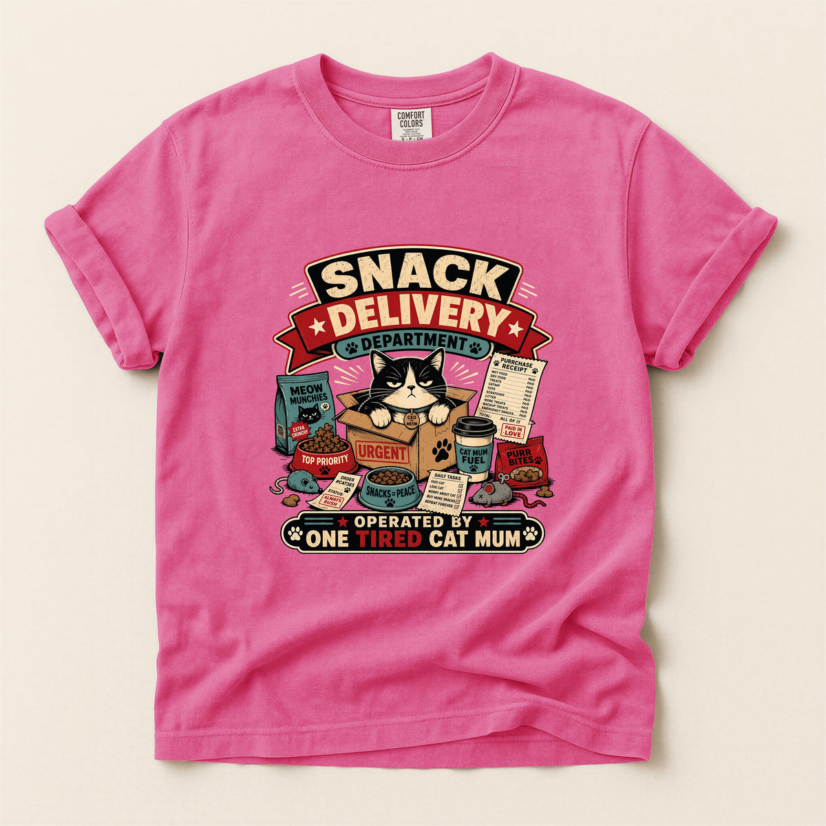 Snack Delivery Department graphic tee in Crunchberry, folded flat lay
