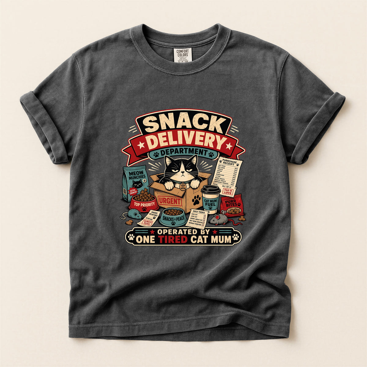 Snack Delivery Department graphic tee in Pepper, folded flat lay
