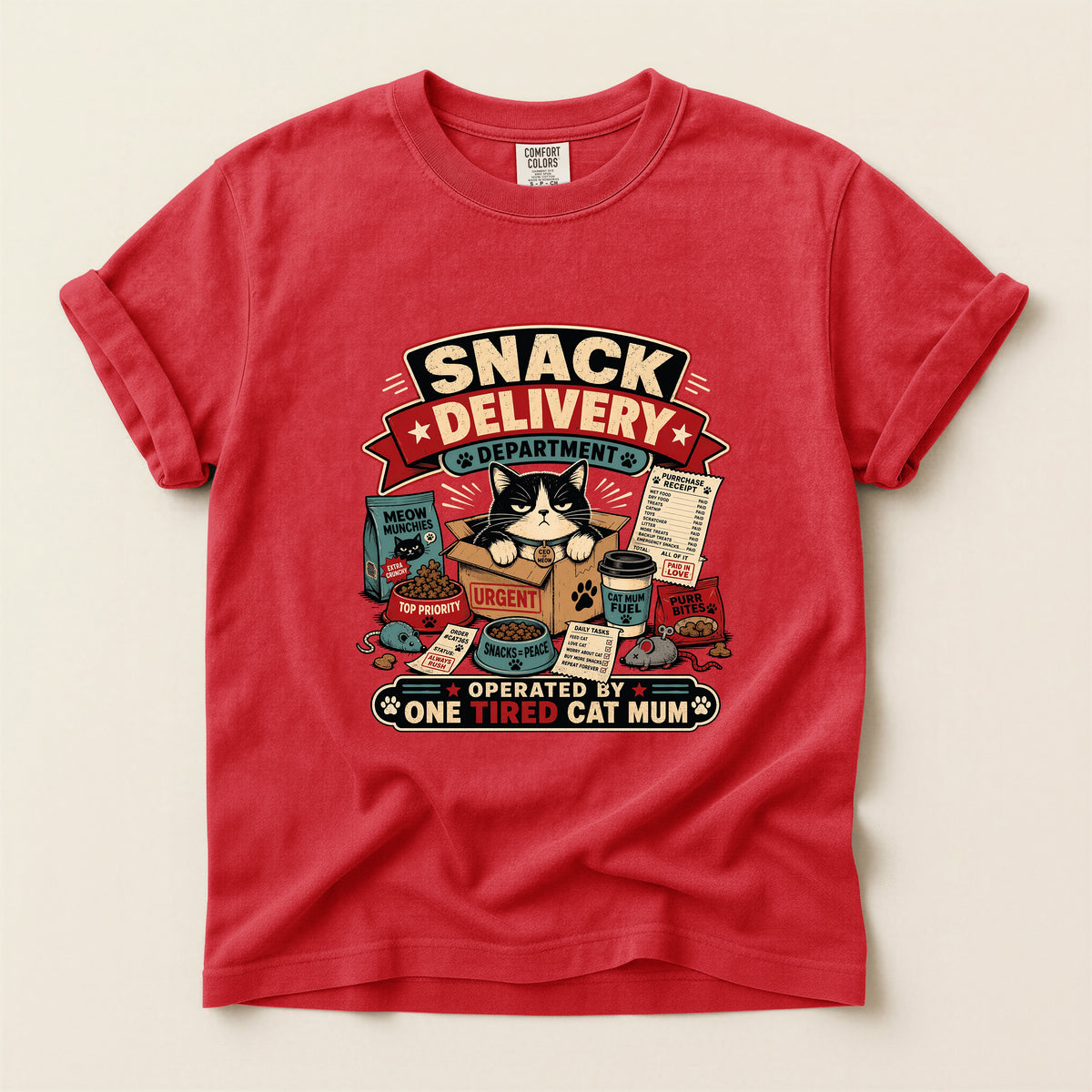 Snack Delivery Department graphic tee in Red, folded flat lay