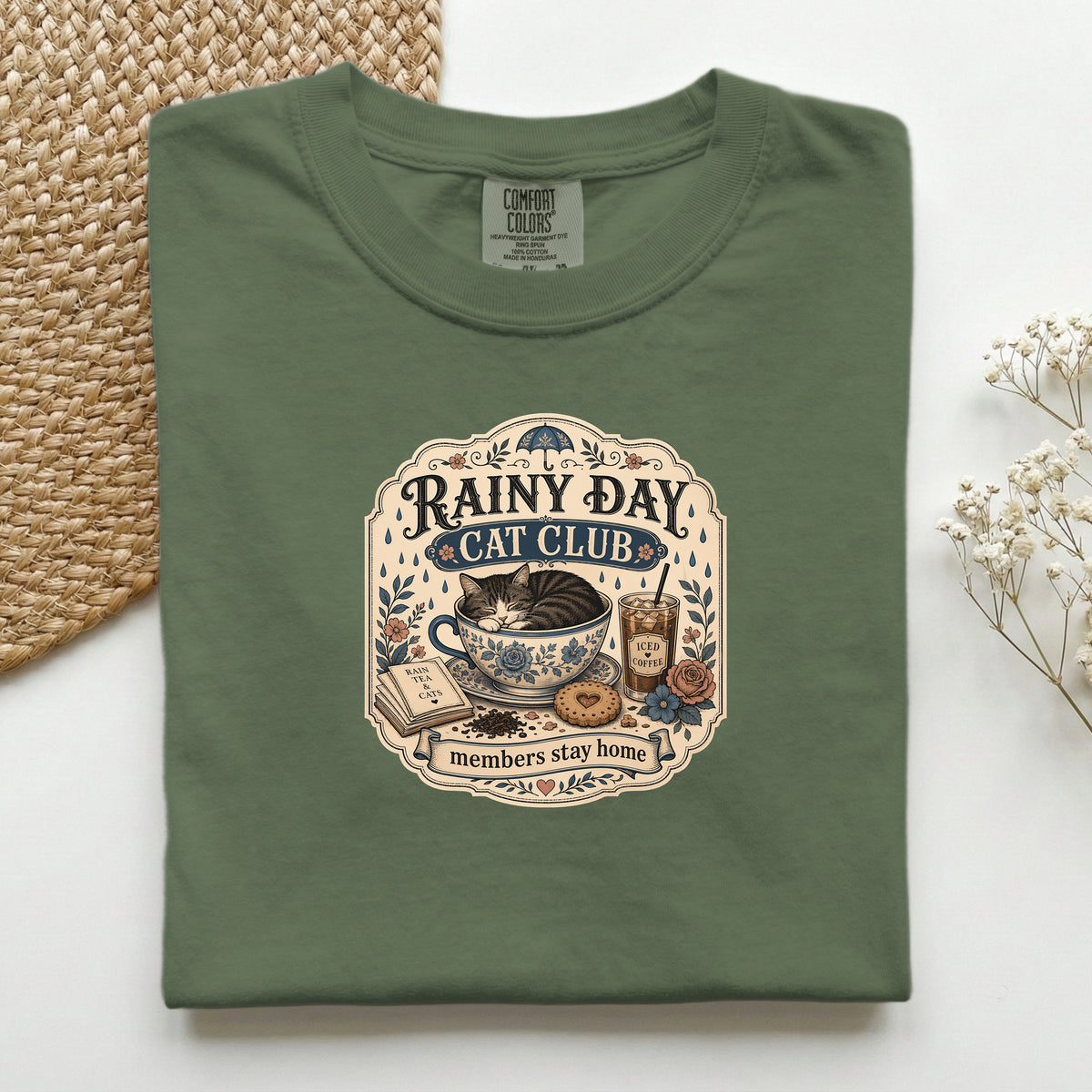 Rainy Day Cat Club graphic tee in Hemp, folded flat lay