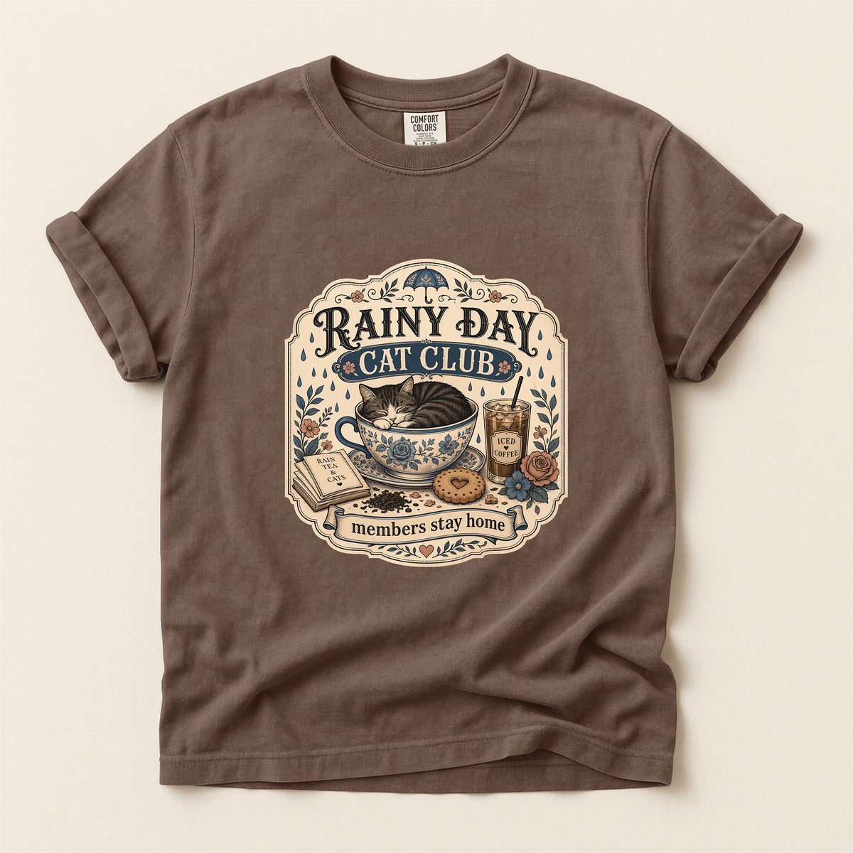 Rainy Day Cat Club graphic tee in Espresso, folded flat lay