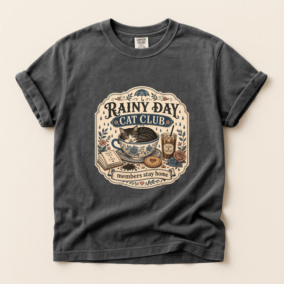 Rainy Day Cat Club graphic tee in Pepper, folded flat lay