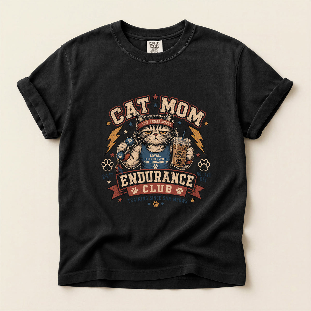 Cat Mom Endurance Club graphic tee in Black, folded flat lay