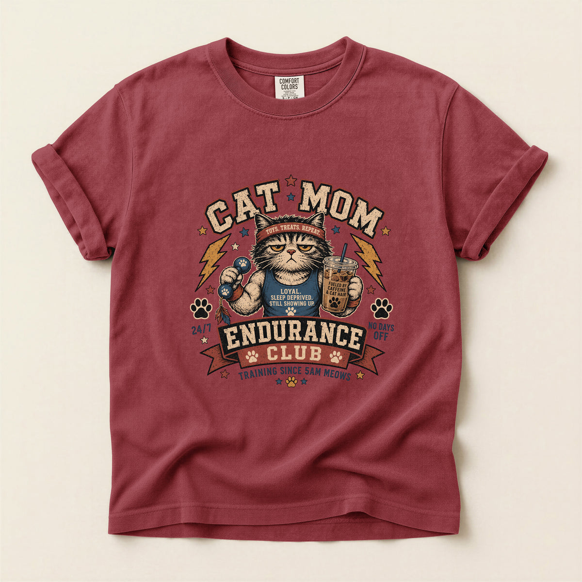 Cat Mom Endurance Club graphic tee in Brick, folded flat lay