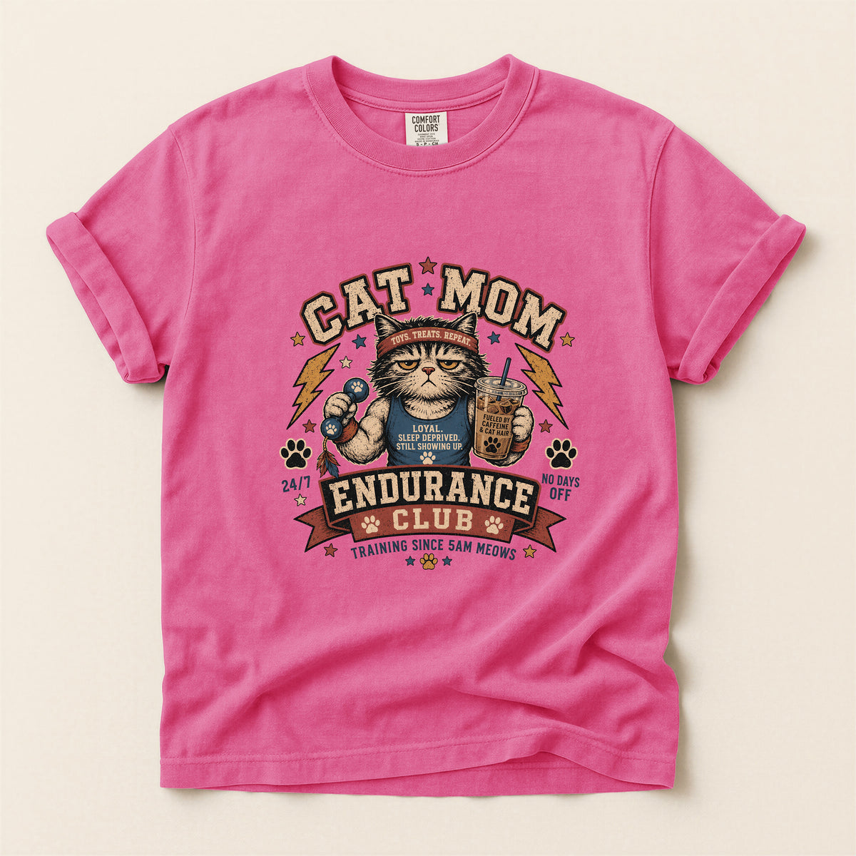 Cat Mom Endurance Club graphic tee in Crunchberry, folded flat lay
