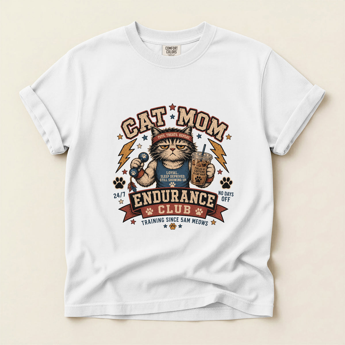 Cat Mom Endurance Club graphic tee in White, folded flat lay
