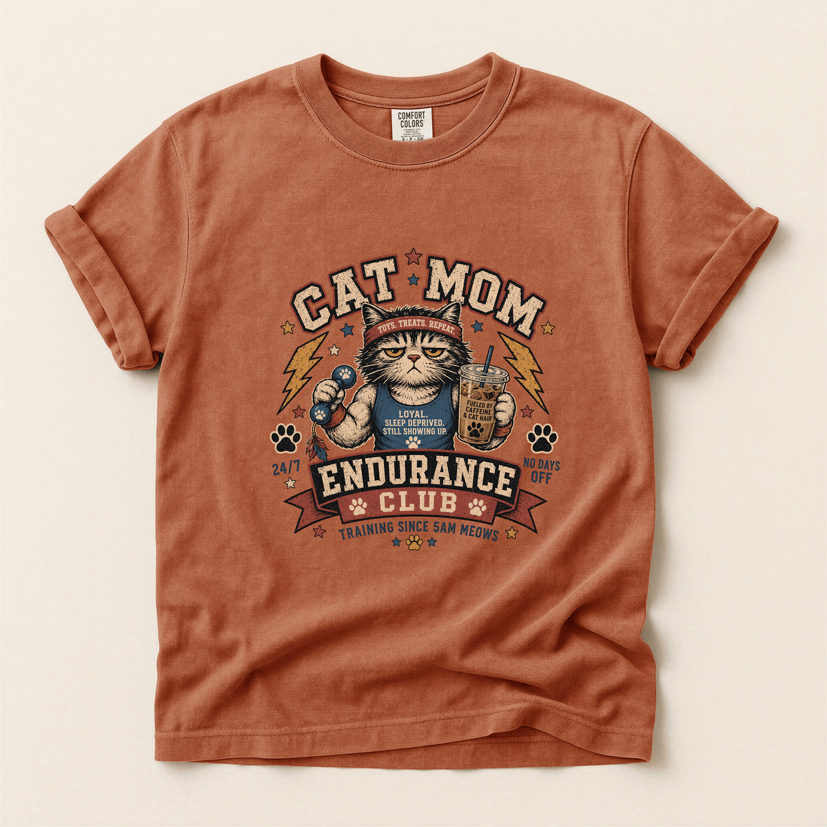 Cat Mom Endurance Club graphic tee in Yam, folded flat lay