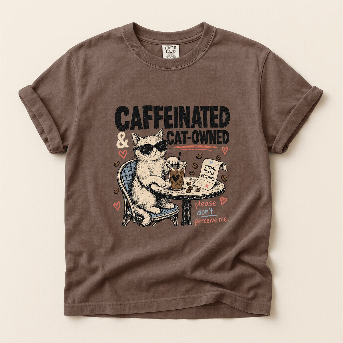 Caffeinated and Cat Owned graphic tee in Espresso, folded flat lay