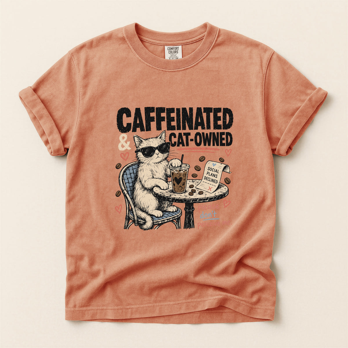 Caffeinated and Cat Owned graphic tee in Terracotta, folded flat lay