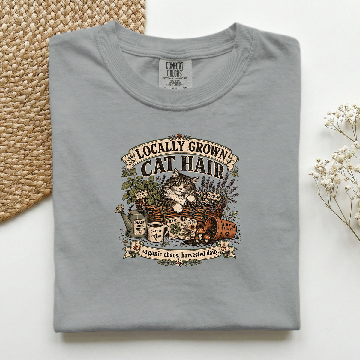 Locally Grown Cat Hair graphic tee in Granite, folded flat lay