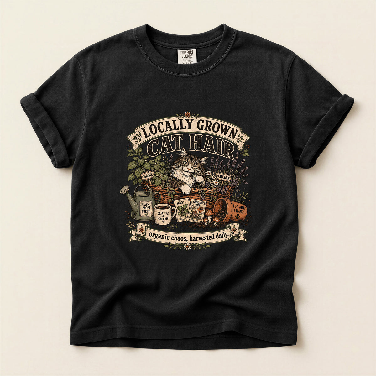 Locally Grown Cat Hair graphic tee in Black, folded flat lay