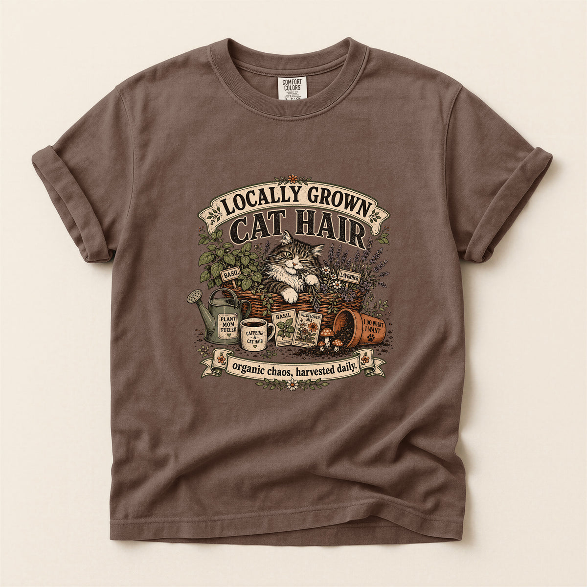 Locally Grown Cat Hair graphic tee in Espresso, folded flat lay