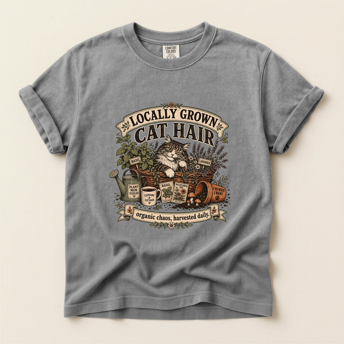 Locally Grown Cat Hair graphic tee in Grey, folded flat lay