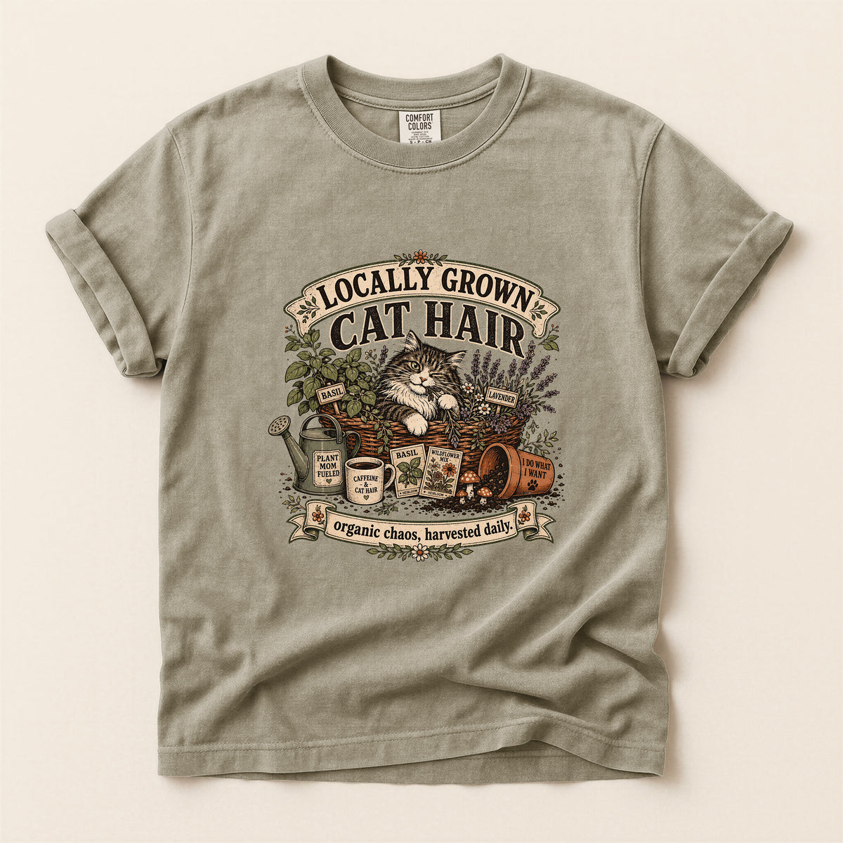 Locally Grown Cat Hair graphic tee in Khaki, folded flat lay
