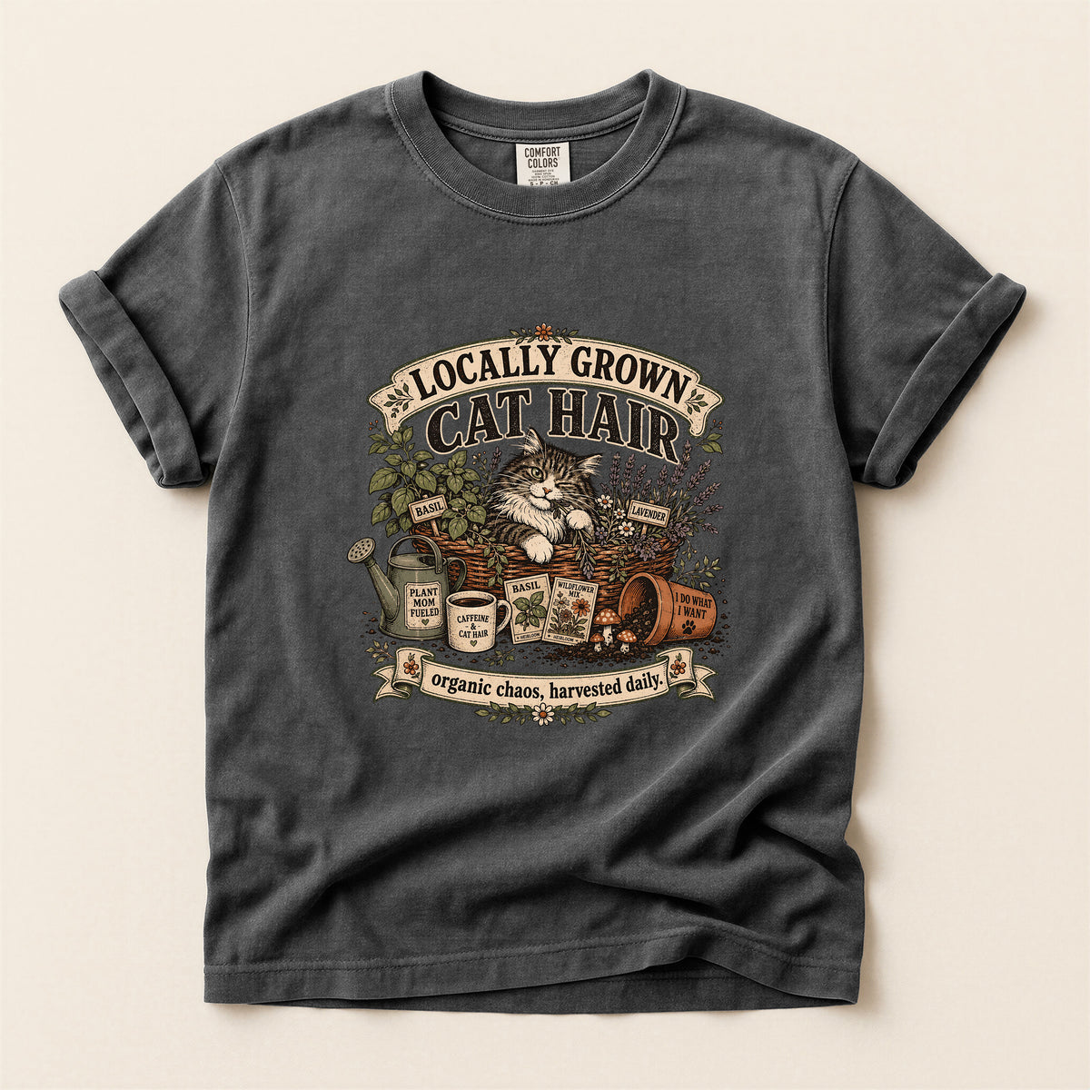 Locally Grown Cat Hair graphic tee in Pepper, folded flat lay