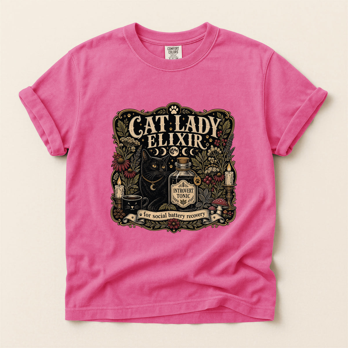 Cat Lady Elixir graphic tee in Crunchberry, folded flat lay