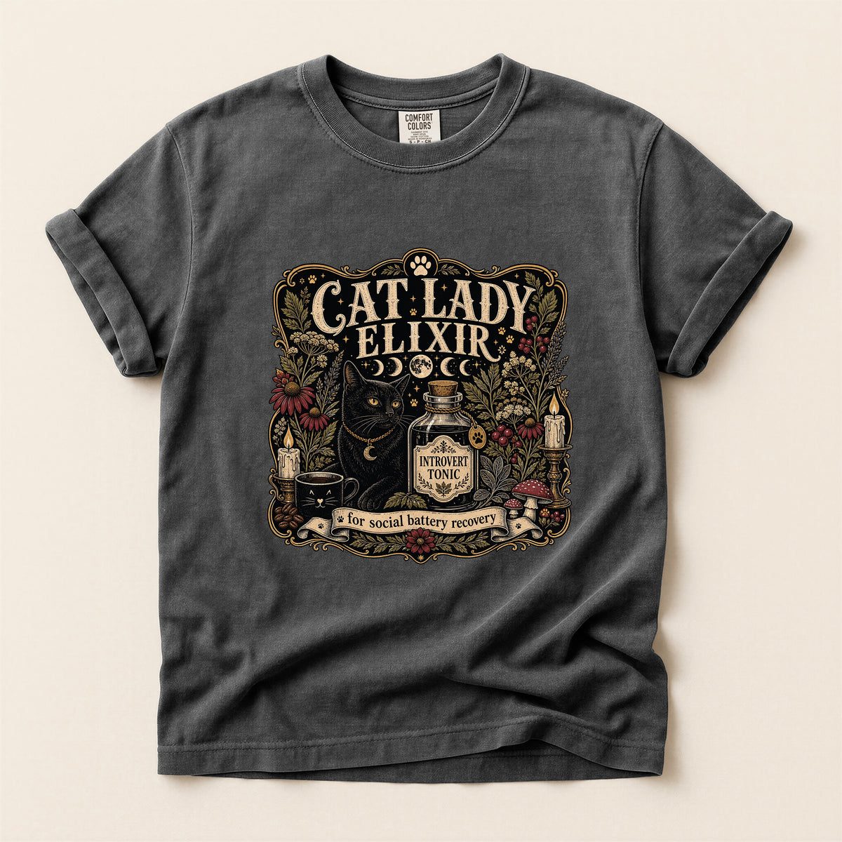 Cat Lady Elixir graphic tee in Pepper, folded flat lay